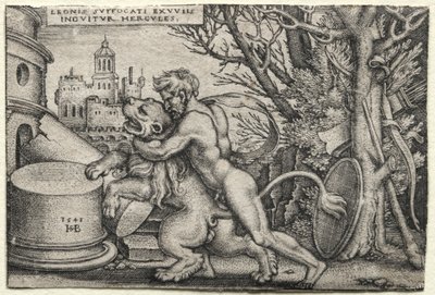 ヘラクレスの労働：ネメアンライオンを絞首刑にするヘラクレス、1548年。 作： Hans Sebald Beham