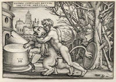 ヘラクレスの労働：ネメアンライオンを絞首刑にするヘラクレス、1548年。 作： Hans Sebald Beham