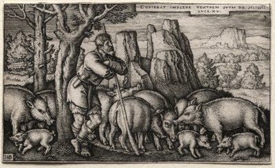 放蕩息子：養豚。 作： Hans Sebald Beham