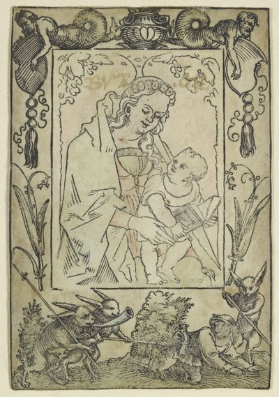 ハンターとウサギとの国境に囲まれた聖母子（木版画、水彩画で過労、羊皮紙に印刷） 作： Hans Sebald Beham