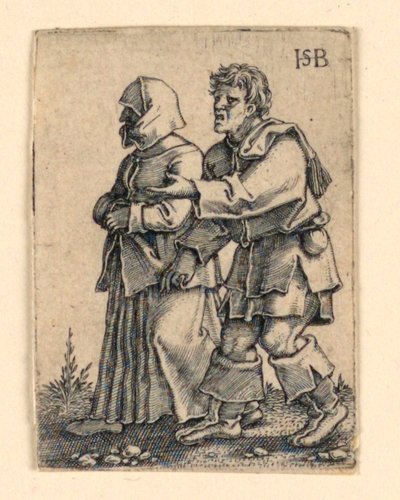 結婚式の行列: 左を歩くカップル、ボンネットをかぶった女性 作： Hans Sebald Beham
