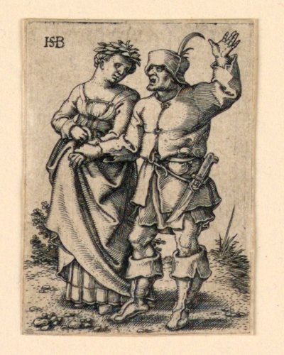 結婚式の行列: 左を歩くカップル、花輪を身に着けている女性 作： Hans Sebald Beham