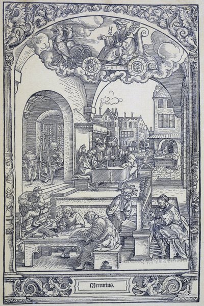 惑星水星と芸術家、学者、技術者、c1535（彫刻） 作： Hans Sebald Beham