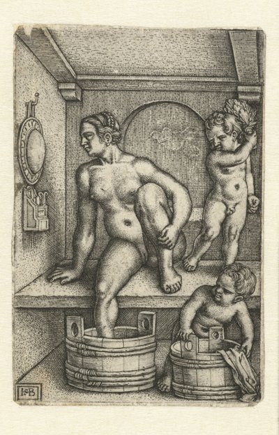 バスルームに 2 人の子供を持つ女性 作： Hans Sebald Beham