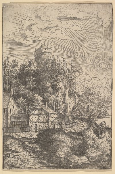 岩の上に建つ城のある風景、1553年。 作： Hans Sebald Lautensack