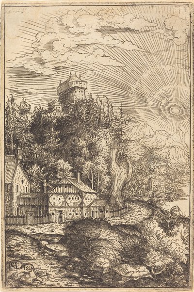 城と輝く太陽のある風景、1553年。 作： Hans Sebald Lautensack