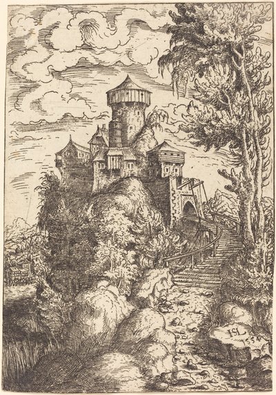 要塞と大階段のある風景、1554年。 作： Hans Sebald Lautensack