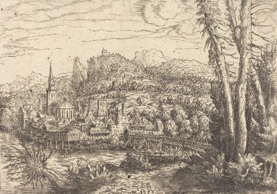 川の近くの街の眺め、1553 年。 作： Hans Sebald Lautensack