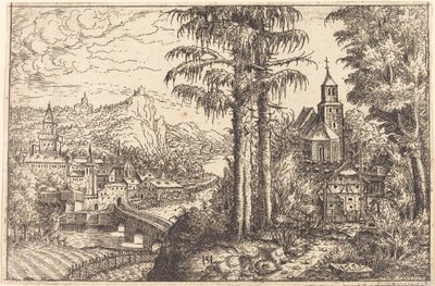 右に教会がある川の近くの町の眺め、1553年。 作： Hans Sebald Lautensack