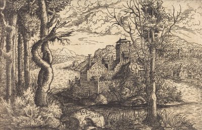 島の城のある川の眺め、1553年。 作： Hans Sebald Lautensack