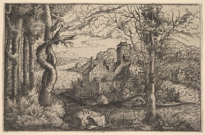 川の眺め、島の城、1553年。 作： Hans Sebald Lautensack