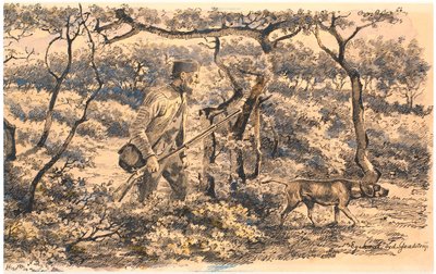 森で犬と一緒に密猟者 作： Hans Smidth