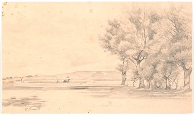 耕された畑のある風景。 すなわち 高い木々 作： Hans Smidth