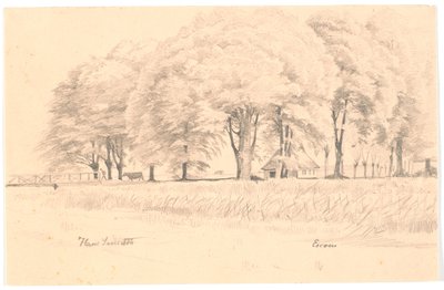 エスロムの風景、前景に橋のある小川、背景に背の高い木々と家 作： Hans Smidth
