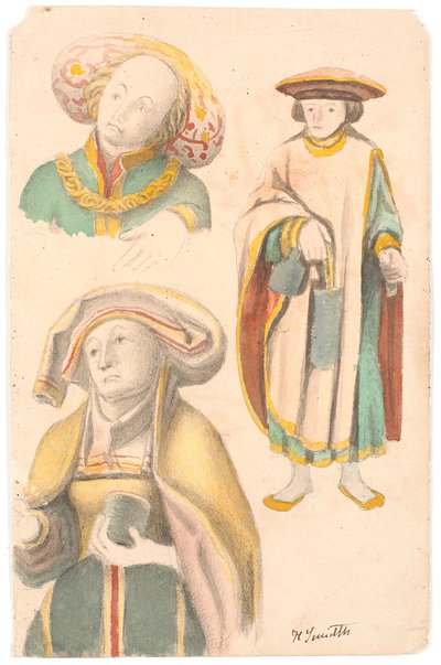 Ringkøbing郡のEstvad教会の祭壇画の後に3人の人物と一緒に勉強する 作： Hans Smidth