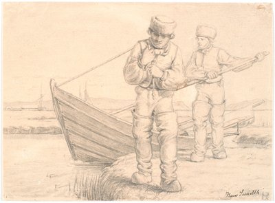 ボートを引く 2 人のリムフィヨルドの漁師 作： Hans Smidth