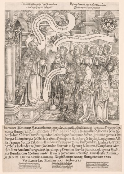 1519年、彼の守護聖人から全能者に贈られたマクシミリアン。 作： Hans Springinklee