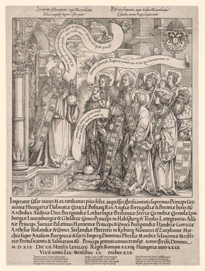 1519年、彼の守護聖人から全能者に贈られたマクシミリアン皇帝。 作： Hans Springinklee