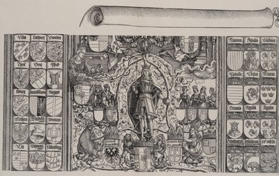 マクシミリアンの系図の上部、巻物の右端が 1515 年。 作： Hans Springinklee