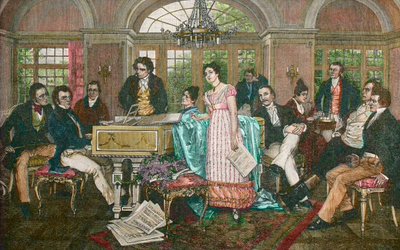 FRANZ SCHUBERT (1797-1828) オーストリアの作曲家 - ヨーゼフ・フォン・スパウンの家でのシューベルトの夕べ - 左からバウアーフェルト、シューベルト、クーペルヴィーザー、ベートーヴェン、フローリッヒ姉妹、マイヤーホーファー、シュウィンド、スパーン、フォーグル、グリルパーザー - 痛みの後のスパーンでのシューベルト 作： Hans Temple