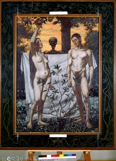アダムとイブ（アダムとイブ）。 ハンス・トーマ (1839-1924) の絵画。 キャンバスに油彩 作： Hans Thoma