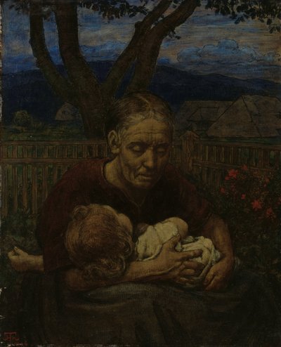 庭にいる母と子 作： Hans Thoma