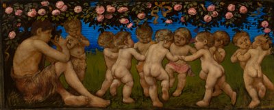 バラの花輪を掲げた踊るプット像 作： Hans Thoma