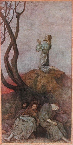 庭の苦悩」 1910年頃ライプツィヒで出版された「フェストカレンダ」の挿絵（カラーリトグラフ） 作： Hans Thoma