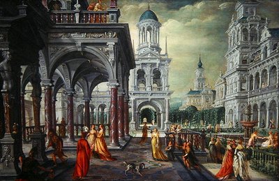 建築物を背景にしたバセバとダビデ（オーク材に油彩） 作： Hans Vredeman de Vries