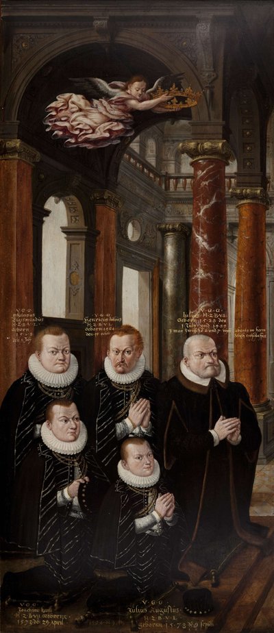 Brunswick-Lüneburg の Julius と Brandenburg の Hedwig の家族。 エピタフ祭壇画の翼 作： Hans Vredeman de Vries