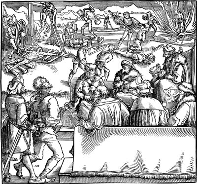 裁判所のセッション。 1532年のペトララークによる 『フィジッケ・アゲインスト・フォーチュン』のイラスト 作： Hans Weiditz the Younger