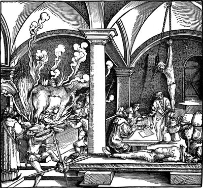 拷問。 1532年のペトララークによる 『フィジッケ・アゲインスト・フォーチュン』のイラスト 作： Hans Weiditz the Younger