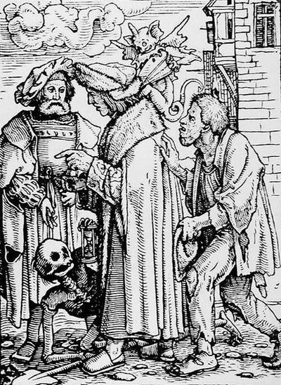 ハンス・ラッツェルバーガーによって刻まれた「死のダンス」からの死と評議員、1538年頃 作： Hans after Holbein the Younger