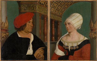 バーゼル市長のジェイコブマイヤーツムハーセンと彼の妻ドロテアカンネンギーッサー、1516年の二重の肖像画（ライムウッドのテンペラ） 作： Hans after Holbein the Younger