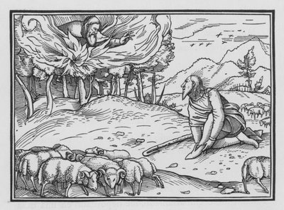 燃える茂みのモーセに神が現れる、出エジプト記III、5 作： Hans after Holbein the Younger