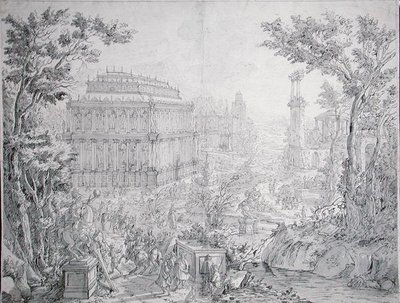 ハリカルナッソスの陵墓（ペンとインク、水彩画） 作： Hans or Jan Vredeman de Vries