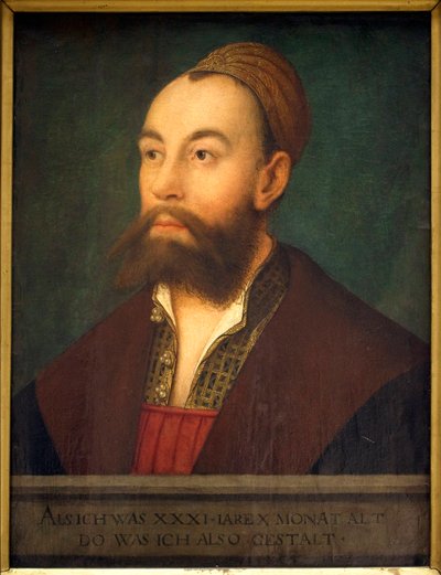 銀行家アントン・フガー（1493-1560）の肖像（文中：31歳10ヶ月の時の代表） - ハンス・マラー・ディット・ド・シュワズ（1480-1526または1529）の絵画、油彩・キャンバス、1525年頃 - ドイツ美術 16世紀 - Musee des Beaux A 作： Hans or Johan Maler
