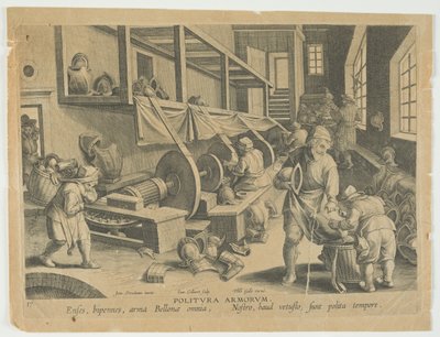 Politura Armorum、ポリッシングアーム、シリーズNova Repertaのプレート17、Modern Discoveries、c.1588（彫刻） 作： Hans the younger Collaert