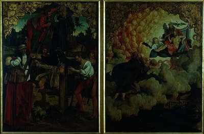 S.S.ペテロとパウロ祭壇画の物語：LtoRの聖ペテロの磔刑、天に昇る聖パウロ（パネルに油彩）（詳細） 作： Hans von Klumbach