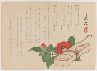 お菓子の箱入り椿（羊かん）、1860年（版画、横長横形） 作： Hanzan Matsukawa