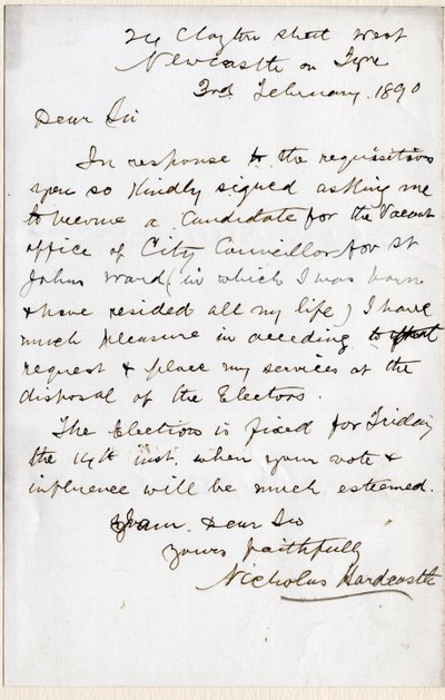 1890年2月3日、ニューカッスル・アポン・タインのセント・ジョンズ区の市議会議員に立候補することを受け入れるニコラス・ハードキャッスルからの手紙（紙にペンとインク 作： Hardcastle Nicholas