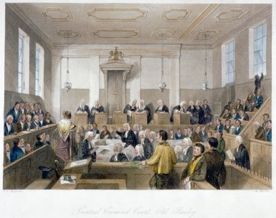 オールド ベイリーの中央刑事裁判所の内部、開廷中の裁判所、ロンドン市、1840 年 作： Harden Sidney Melville