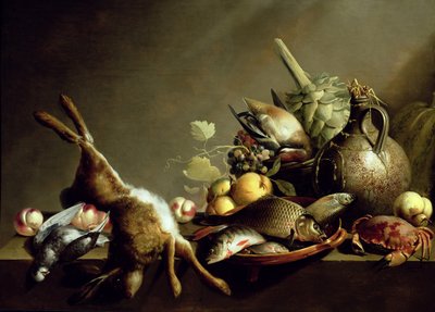 陶器の水差しと野ウサギのある静物 作： Harmen van Steenwyck
