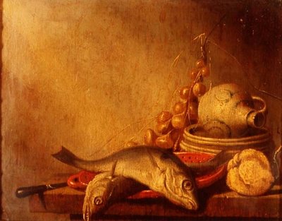 魚のフライパン、石器の水差し、玉ねぎ、果物 作： Harmen van Steenwyck