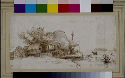 川辺の農家のある風景（紙にペンとインク 作： Harmensz Van Rijn (after) Rembrandt
