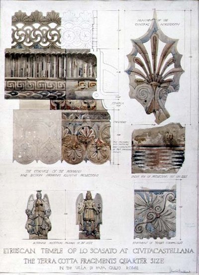 チビタカステラーナのエトルリア神殿（Lo Scasato）とローマのパパ・ジュリオ邸（Villa di Papa Giulio）の断片の習作、1910年頃（紙にペン・インク、水彩画 作： Harold Chalton Bradshaw