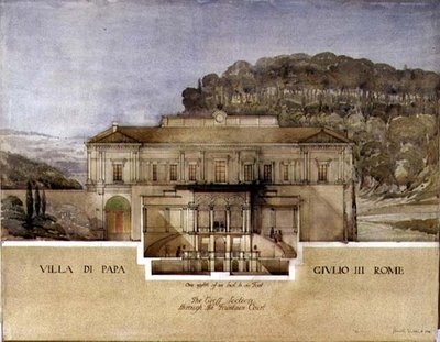 ローマのVilla di Papa Giulioの噴水の中庭を通る断面図 作： Harold Chalton Bradshaw