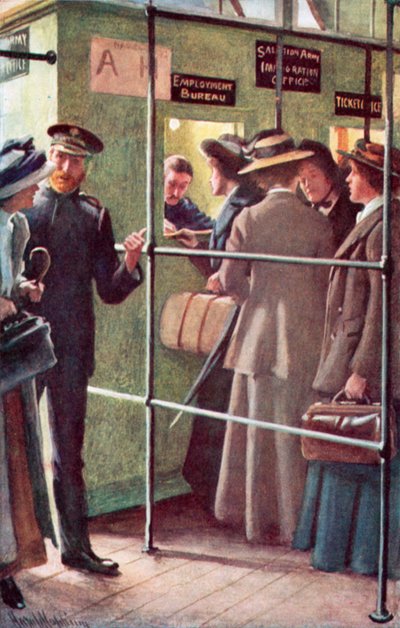 救世軍によって行われた女性移民のパーティーのケベックへの到着 作： Harold Copping