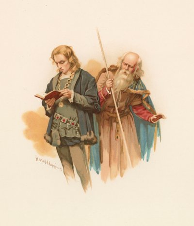 ポロニウスを後ろにしたハムレットの読書 作： Harold Copping