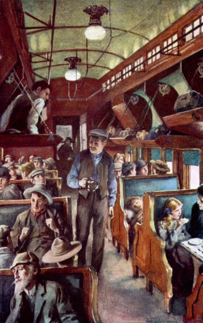 CPRの入植者の車でカナダを旅行する移民 作： Harold Copping